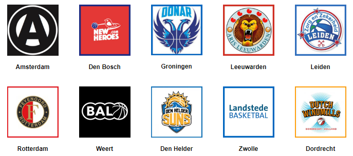 Amsterdam 
Rotterdam 
Den Bosch 
Groningen 
Den Helder 
Leeuwarden 
Landstede 
BASKETBAL 
Zwolle 
Leiden 
Dordrecht 